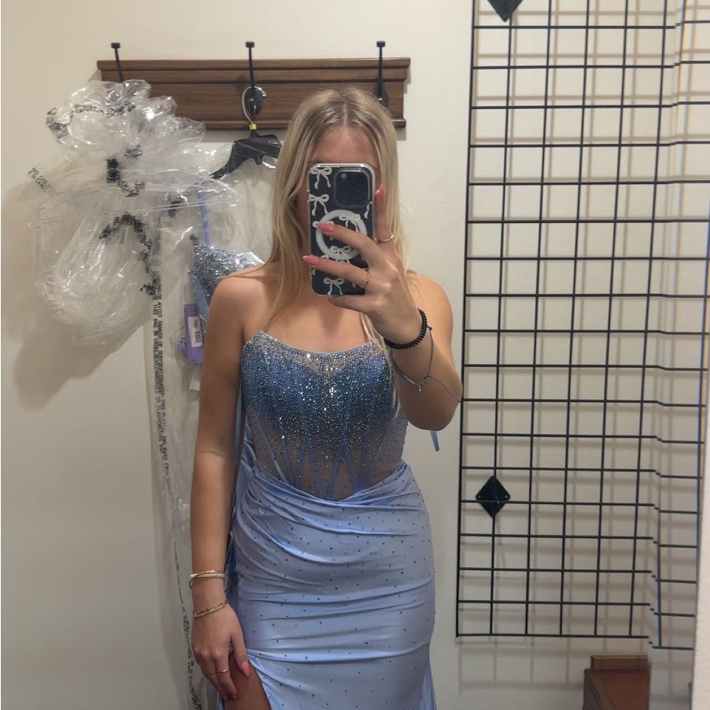 Light Blue Beaded Strapless Prom Dress